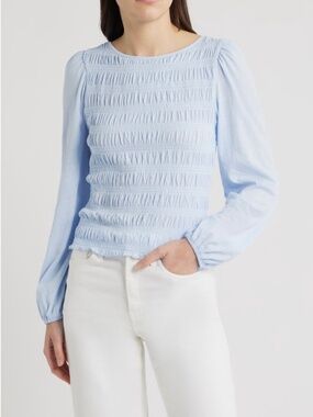Madewell Light Blue Smocked Long Sleeve Top